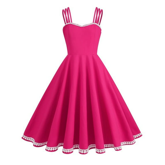 Fanxing Clearance Women Vintage 1950s Retro Dress Spaghetti Strap Swing Cocktail Party Dress Rockabilly A-line Midi Dress Hot Pink,XL