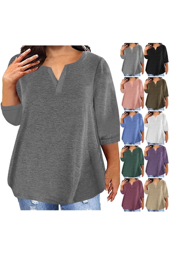 Coffee Women Plus Size Tops V Neck Henley Shirts XXL Short Sleeve Causal Loose Fitting Blouse ( Women's Plus L-5XL)
