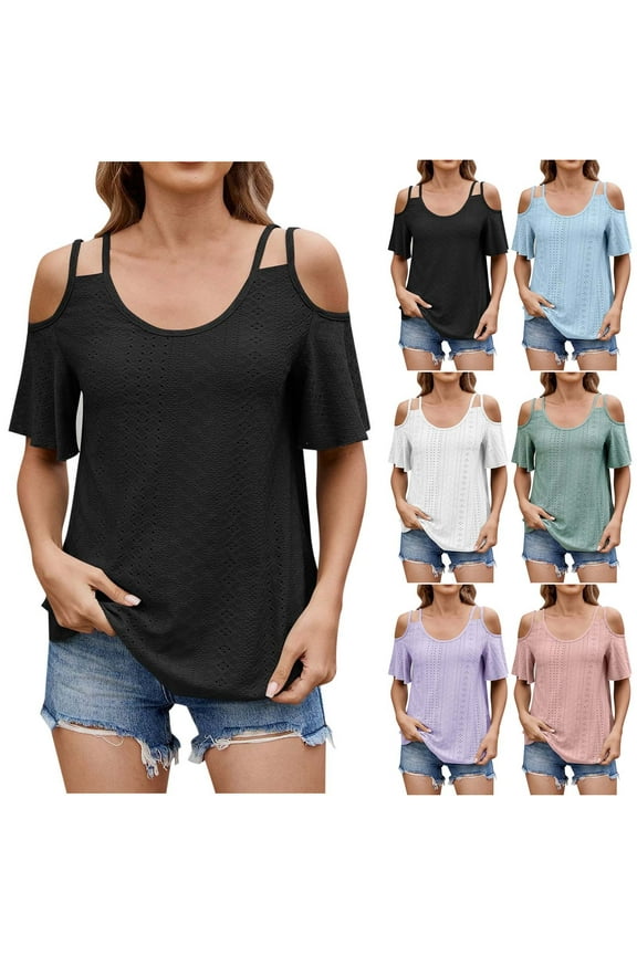 Cold Shoulder Tops for Women Cutout Eyelet Blouses Short Sleeve T Shirts 2025 Summer Trendy Ruffle Sleeve Tunics Tees Shirt Black,L