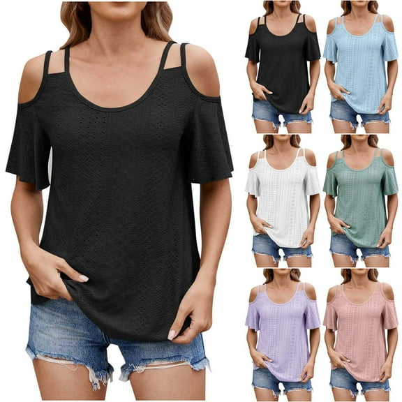 Fanxing Cold Shoulder Tops for Women Cutout Eyelet Blouses Short Sleeve T Shirts 2025 Summer Trendy Ruffle Sleeve Tunics Tees Shirt Black,XXL