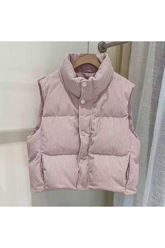 Corduroy Vests for Women Button Down Cropped Sleeveless Puffer Jackets Bubble Puffy Stand Collar Padded Coat with Pocket Pink L