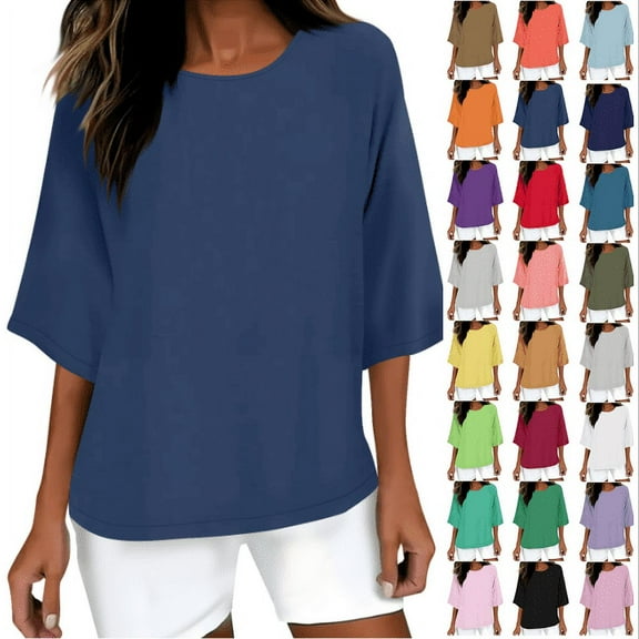 Fanxing Cotton Linen Shirts Womens Plus Size 3/4 Sleeve Tops Trendy Summer Casual Work Tops Business Casual Blouses S-5XL