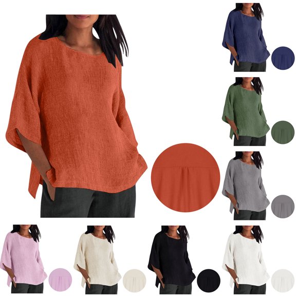 Fanxing Cotton Linen T Shirts for Women 3/4 Sleeve Shirts Loose Fitting Crewneck Tshirts Beach Boho Vacation Summer Tops Navy,XXL