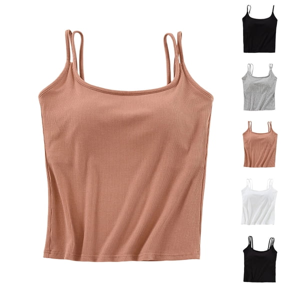 Fanxing Cotton Shelf Bra Camisole Tops for Women Adjustable Spaghetti Strap Tank Top Summer Cami Shirt Khaki,L