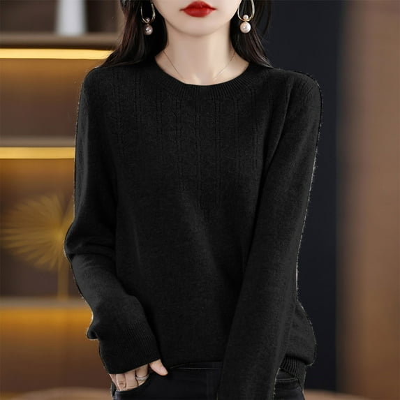 Fanxing Crew Neck Pullover Sweater for Women Casual Dressy Lightweight Kint Tops Soft Cozy Solid Color Jumper Blouses Black 2XL