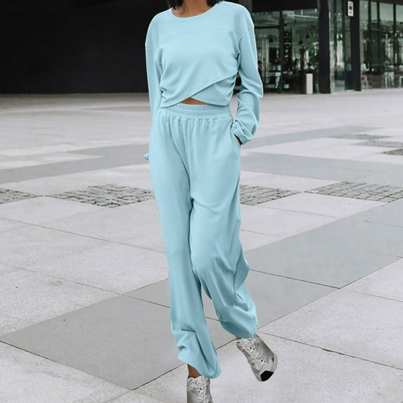 Fanxing Criss Cross Sweatsuits for Women, Teen Girls Y2K Outfits Long Sleeve Tops with Joggers Pants 2 Piece Sets for Juniors Fall Fashion Matching Sets Blue,XL