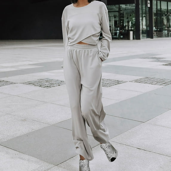 Fanxing Criss Cross Sweatsuits for Women, Teen Girls Y2K Outfits Long Sleeve Tops with Joggers Pants 2 Piece Sets for Juniors Fall Fashion Matching Sets Gray,S