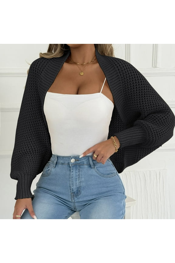Crochet Bolera Shrug for Women Cropped Cardigan Sweaters Long Sleeve Open Front Fall Cover Ups Black Free Size