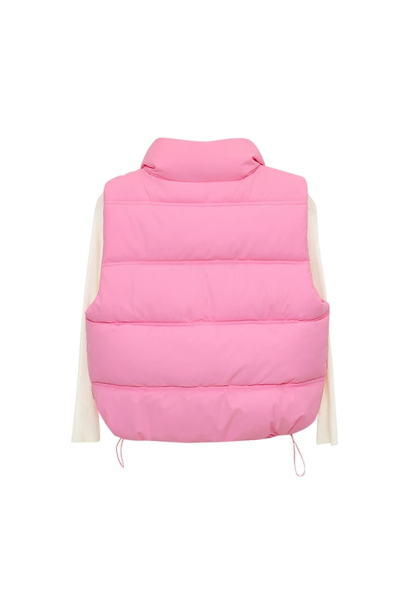 Cropped Puffer Vest Women,Cozy Sleeveless Puffy Jacket Full Zip Bubble Waistcoat Outerwear with Pocket Pink L