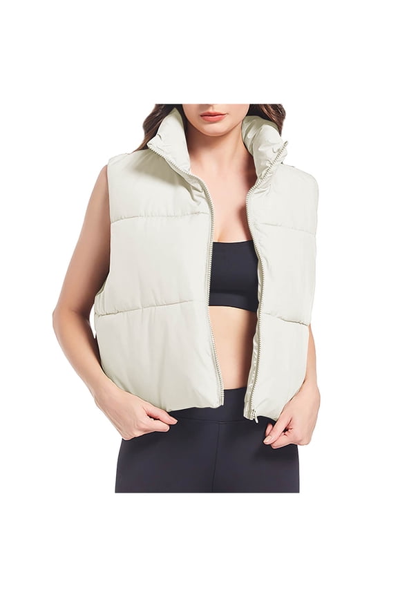 Cropped Puffer Vest Women Winter Sleeveless Puffy Jacket with Pockets Lightweight Zip Up Stand Collar Gilet White XL