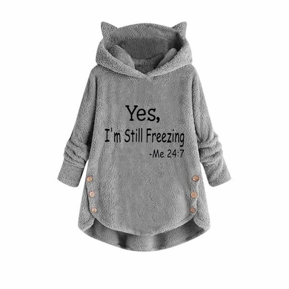 Fanxing Cute Cat Ear Hooded Sweatshirts for Women 2025 Yes I'm Still Freezing Printed Fleece Sweatshirt Fall Winter Sherpa Lined Hoodies Pullover Christmas Casual Tunic Tops S-XXL