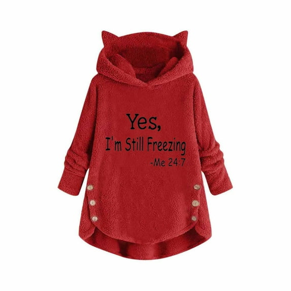 Fanxing Cute Cat Ear Hooded Sweatshirts for Women 2025 Yes I'm Still Freezing Printed Fleece Sweatshirt Fall Winter Sherpa Lined Hoodies Pullover Christmas Casual Tunic Tops S-XXL