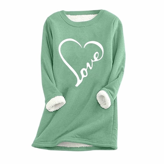 Fanxing Cyber and Monday Deals Clearance Plus Size Fleece Lined Thermal Shirts for Women Cute Heart Long Sleeve Thermal Underwear Tops Crewneck Soft Base Layer Cold Weather Ultra Soft Sherpa Blouse