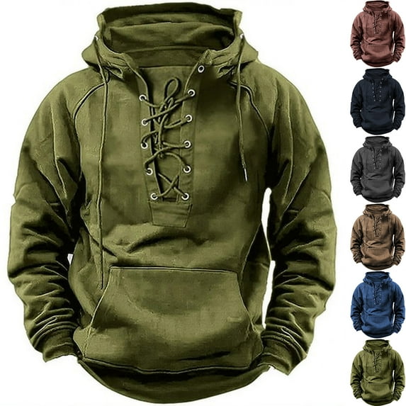 Fanxing Deals 2025 Mens Casual Hooded Pullover Sweatshirts Drawstring Long Sleeve Hoodies Cargo Sweatshirt Army Green,M