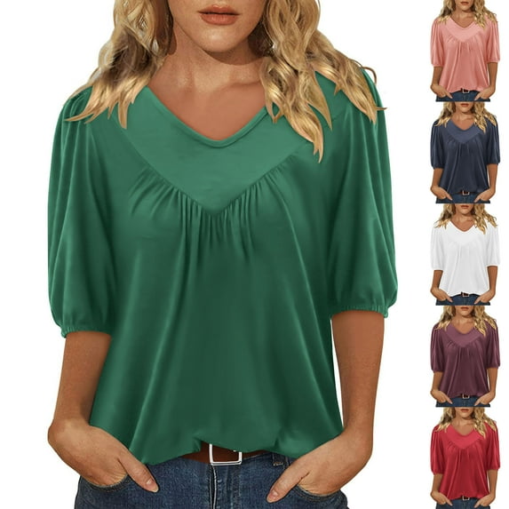 Fanxing Elbow Length Sleeve Shirts for Women Summer V Neck T Shirt Loose Fit Casual Pleated Tops Red,M