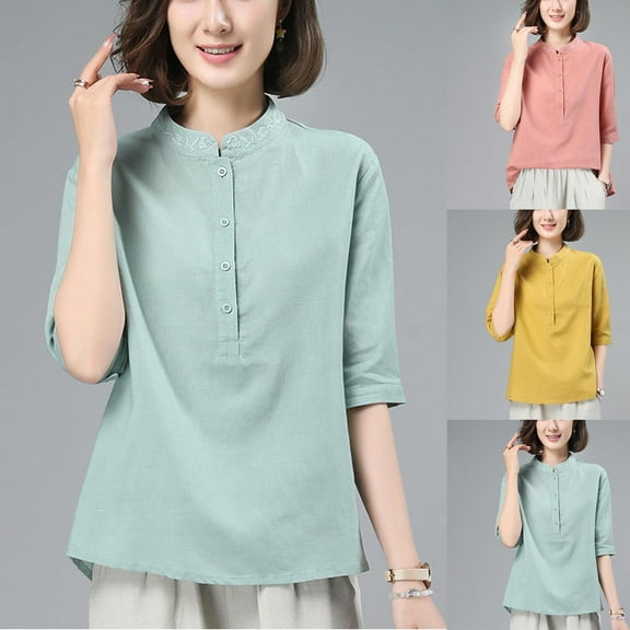 Fanxing Embroidered Linen Shirt Women Summer Going Out Tops Cotton And Linen 3/4 Sleeve Length Shirts M-2XL