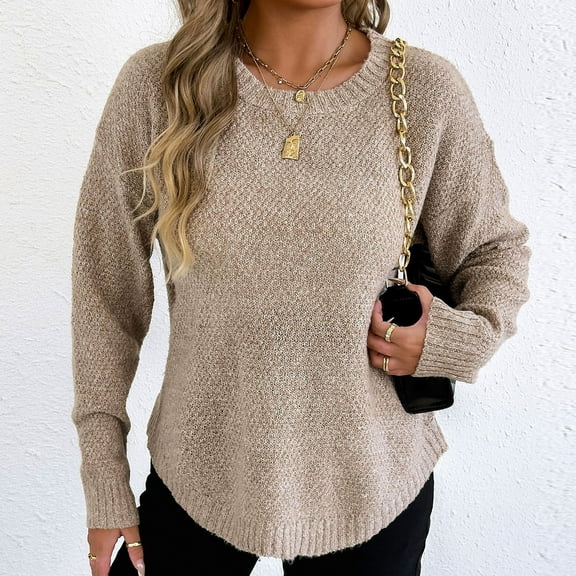 Fanxing Fall Pullover Sweaters for Women Oversized Crew Neck Knitted Tops Casual Dressy Long Sleeve Loose Jumper Travel Outtfits Beige L