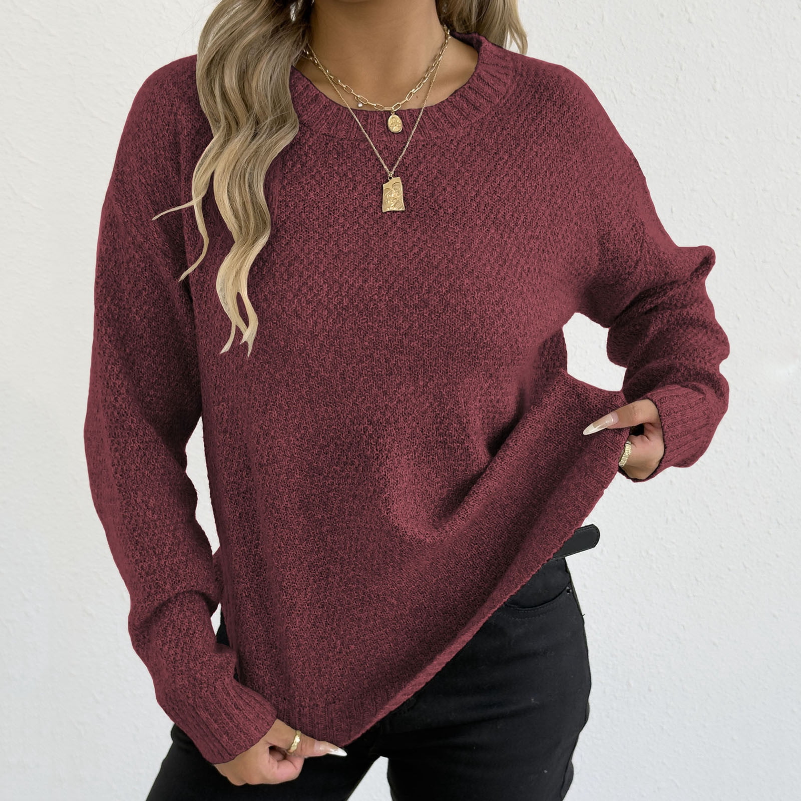 MakeMeChic Women's Polka Dot Long Sleeve Sweater | Cozy Knitted Crew Neck Top For Fall & Casual Wear