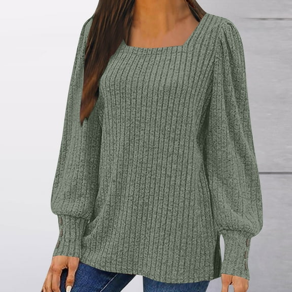 Fanxing Fall Pullover Sweaters for Women Trendy Winter Square Neck Lantern Sleeve Knit Tops Hide Belly Casual Loose Ribbed Jumper Army Green 2XL