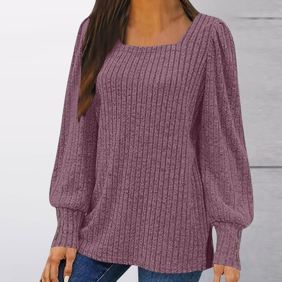 Fanxing Fall Pullover Sweaters for Women Trendy Winter Square Neck Lantern Sleeve Knit Tops Hide Belly Casual Loose Ribbed Jumper Purple 2XL