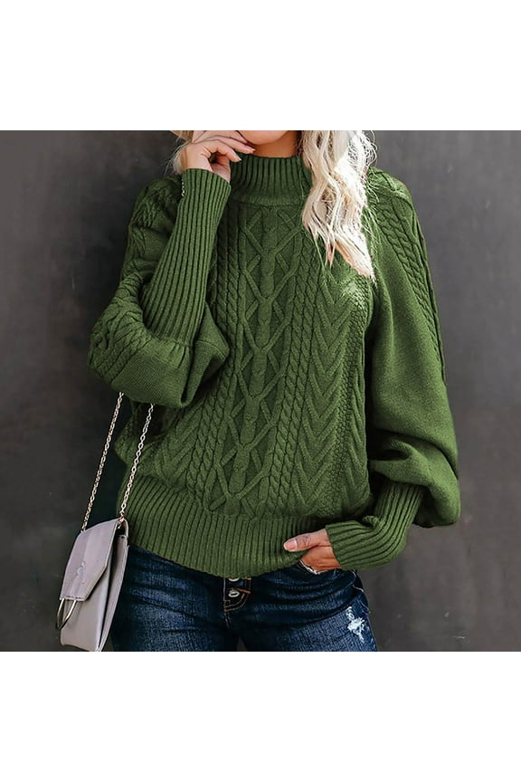 Fall Turtleneck Sweaters for Women Oversized Chunky Cable Knit Jumpers Lantern Long Sleeve Winter Sweater Tops Army Green 2XL