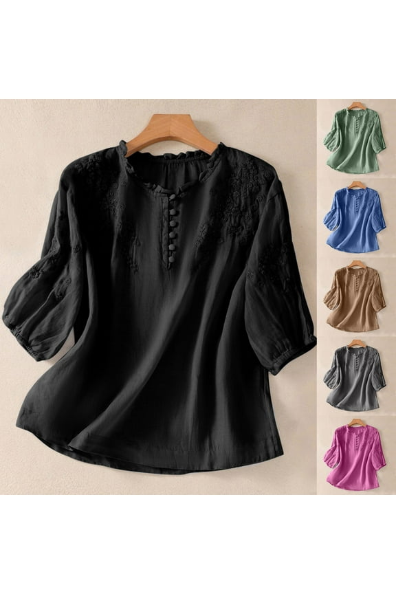 Fanixng Cotton Linen Tops for Women Summer Boho Embroidered Mexican Peasant Blouse Plus Size Casual Crewneck Tee Shirts Loose Linen Peasant Shirts Summer 2024 Coffee,XXXL