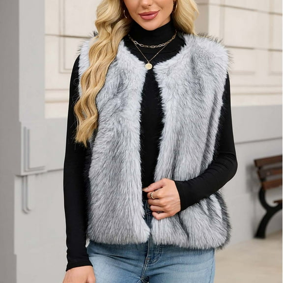 Fanxing Faux Fur Vest for Women Trendy Fall Sleeveless Cropped Fuzzy Jacket Fluffy Winter Coats Furry Vests Outerwear Gray M
