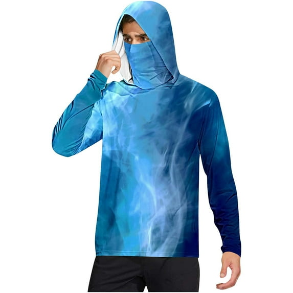 Fanxing Fishing Hoodies for Men with Face Mask Camo Long Sleeve Hoodie Pullovers Upf 50+ Sun Protection Hiking Shirt Blue,M
