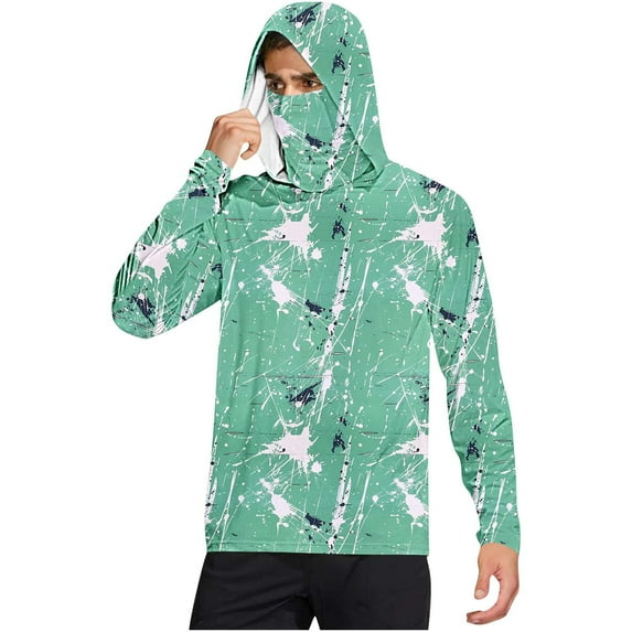 Fanxing Fishing Hoodies for Men with Face Mask Camo Long Sleeve Hoodie Pullovers Upf 50+ Sun Protection Hiking Shirt Mint Green,XXL