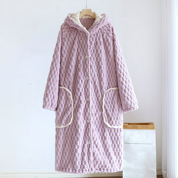 Fanxing Flannel Thickened Robe Women Cute Fluffy Soft Hooded Bathrobe Winter Warm Sleepwear Nightwears Purple L