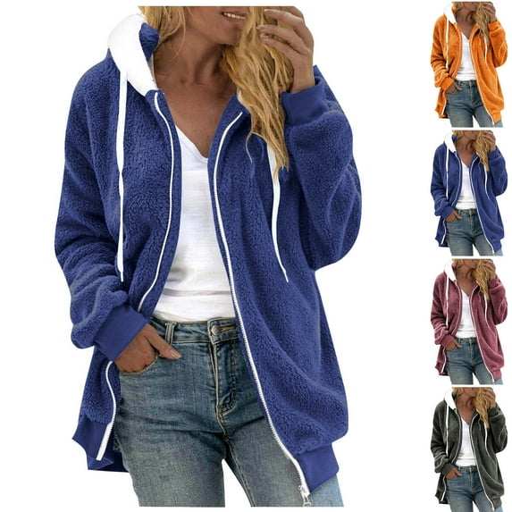 Fanxing Fleece Hoodies for Women Full Zip Long Sleeve Jacket Coat Solid Long Sleeve Jacket Coat S,M,L,XL,XXL Blue,M
