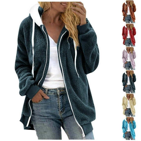 Fanxing Fleece Hoodies for Women Full Zip Long Sleeve Jacket Coat Solid Long Sleeve Jacket Coat S,M,L,XL,XXL Sky Blue,S