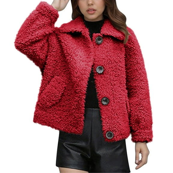 Fanxing Fleece Jacket for Women Winter Faux Fur Crop Coats Lapel Button Down Sherpa Casual Trendy Outerwear 2XL