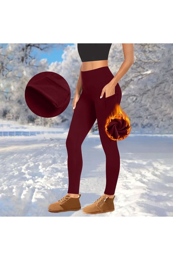 Fleece Lined Leggings Women with Pocket- Thick Soft High Waisted Yoga Pants Tummy Control Thermal Warm Bottom for Cold Winter Wine XL