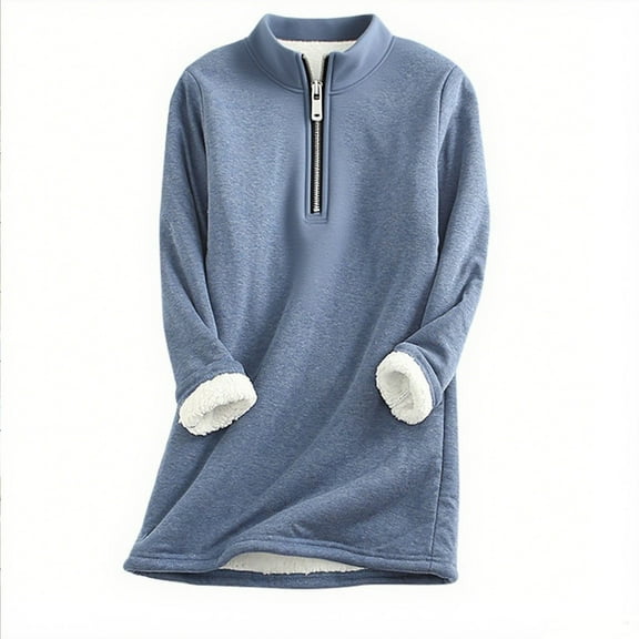 Fanxing Fleece Lined Sweatshirts for Women Half Zip Thick Sherpa Crewneck Tunic Pullover Casual Solid Fall Winter Thermal Tops Blue L