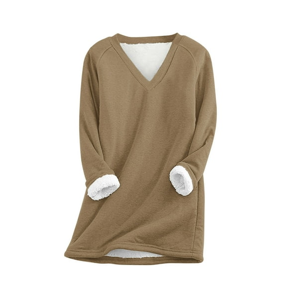 Fanxing Fleece Sweatshirts for Women V Neck Long Sleeve Tops Pullovers Sherpa Velour Lined Crewneck Sweatshirt Long Sleeve Thermal Top