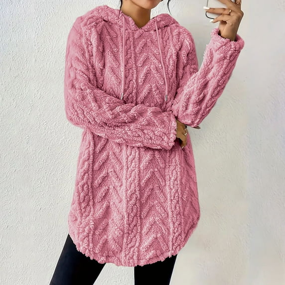 Fanxing Fluffy Fleece Hoodies for Women Cable Knit Sherpa Sweatshirt Fall Winter Warm Pullover Top Lightweight Tunic Coat Pink S