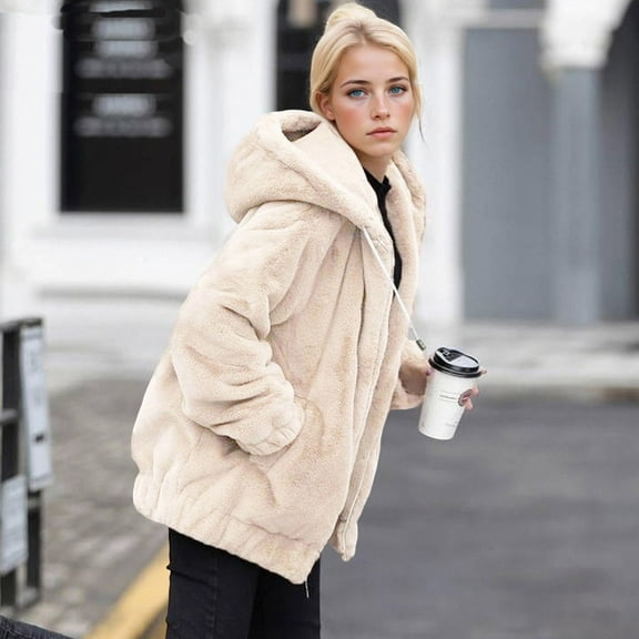 Fanxing Fuzzy Fleece Jacket for Women Fall Winter Faux Fur Coat Fannel Sherpa Zip Up Hoodie Coat Warm Outwear Beige M