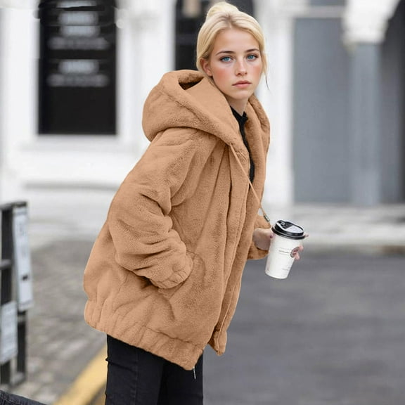 Fanxing Fuzzy Fleece Jacket for Women Fall Winter Faux Fur Coat Fannel Sherpa Zip Up Hoodie Coat Warm Outwear Khaki M