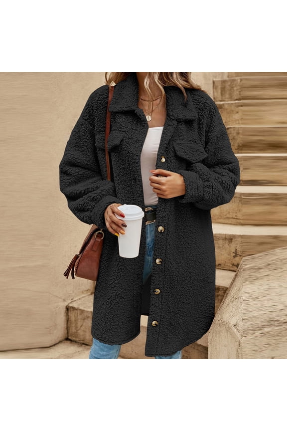 Fuzzy Fleece Long Jackets for Women Plus Size Winter Faux Fur Coats Long Sleeve Lapel Button Down Teddy Outwear 2XL