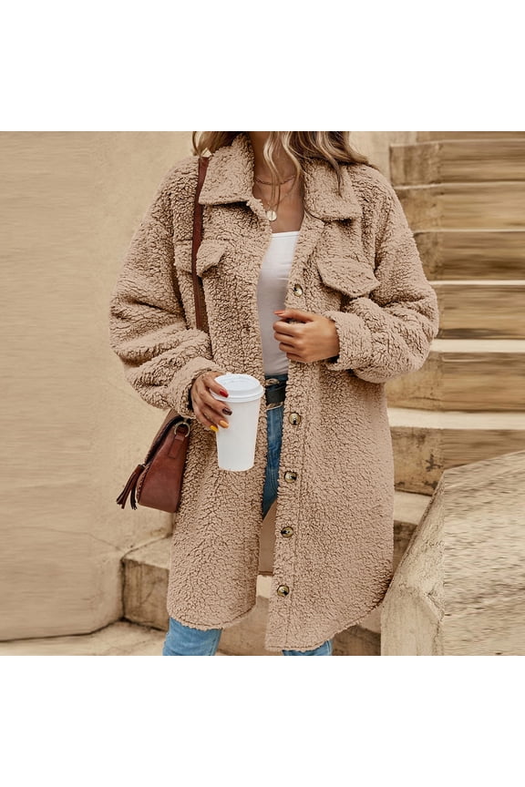 Fuzzy Fleece Long Jackets for Women Plus Size Winter Faux Fur Coats Long Sleeve Lapel Button Down Teddy Outwear M