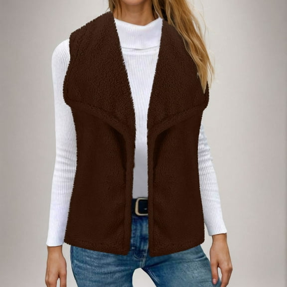 Fanxing Fuzzy Fleece Vest Women Casual Lapel Polar Sherpa Cardigan Lightweight Open Front Warm Gilet Waistcoat Brown S