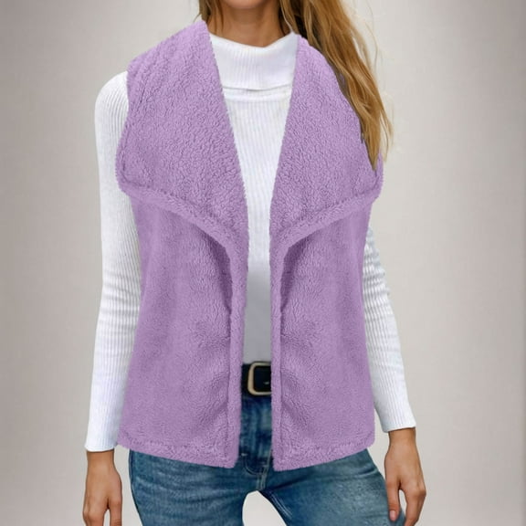 Fanxing Fuzzy Fleece Vest Women Casual Lapel Polar Sherpa Cardigan Lightweight Open Front Warm Gilet Waistcoat Purple XL