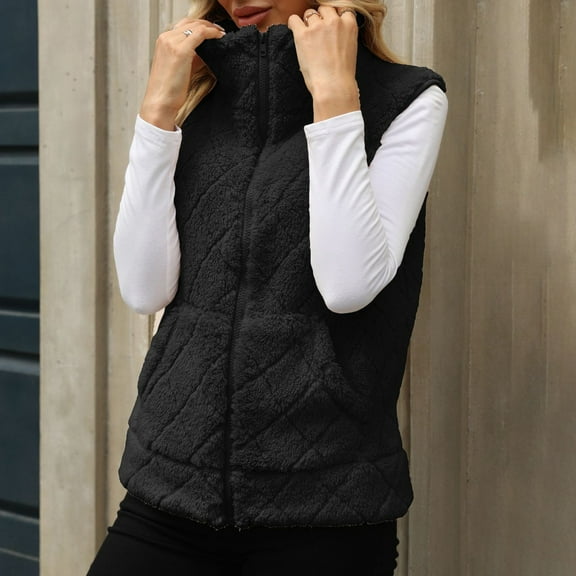 Fanxing Fuzzy Fleece Vest Women Soft Cozy Warm Sleeveless Sherpa Jacket Stand Collar Zip Up Cropped Outerwear Coat Black M