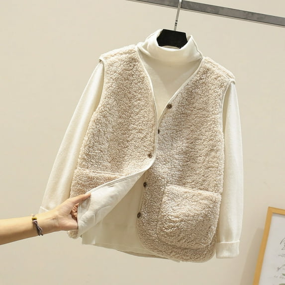 Fanxing Fuzzy Fleece Vest for Women Plus Size Sleeveless Sherpa Jacket Lightweight Button Dwon Cropped Coat with Pocket Beige S