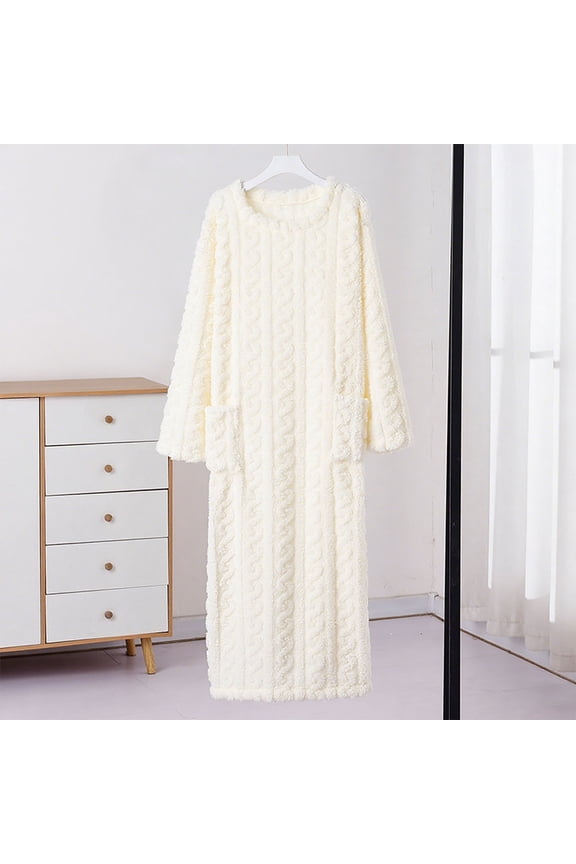 Fuzzy Nightgown for Women Crewnew Plush Fleece Pullover Nightdress Cozy Warm Loungewear Sleepdress with Pocket White Free Size