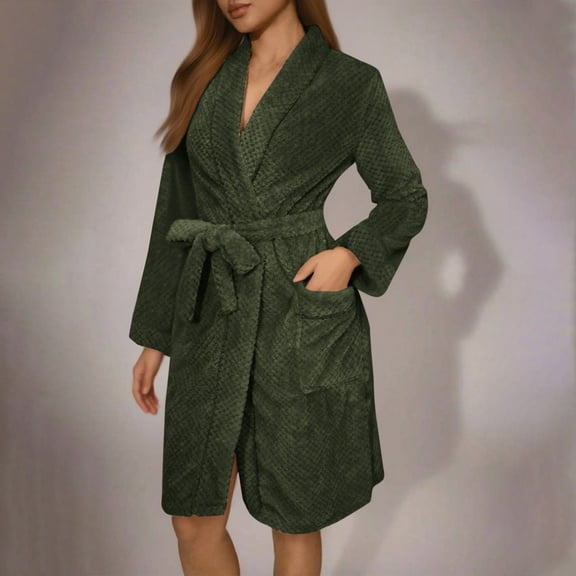 Fanxing Fuzzy Robes for Women Plush Fleece Texture Short Bathrobe Fluffy Pocket Belted Nightgown Army Green L
