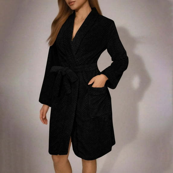 Fanxing Fuzzy Robes for Women Plush Fleece Texture Short Bathrobe Fluffy Pocket Belted Nightgown Black L