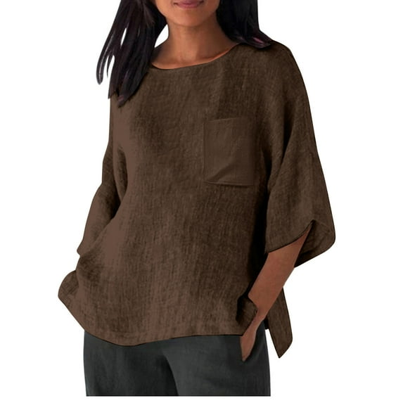 Fanxing Gauze Linen Shirt Women 3/4 Sleeve Length Tops Retro Mexican Peasant Blouses Summer Boatneck T Shirts Workout Top L