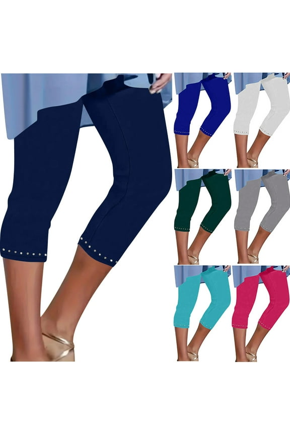 Gray Womens Capri Leggings with Rhinestone Summer Stretchy Capris Ladies Cropped Yoga Pants High Waisted Solid Color Tights M
